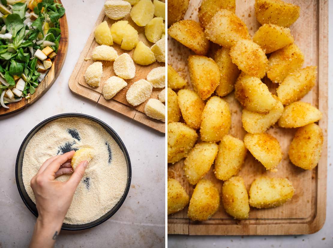 R691 Chicorée-Feldsalat mit Birne, Kaki und Knödel-Croûtons