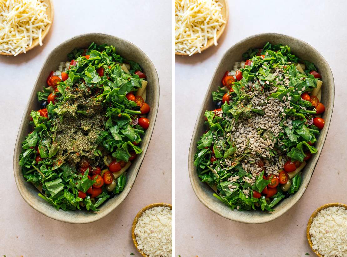 R880 Veganer One-Pot-Pesto-Nudelauflauf mit knuspriger Käsekruste