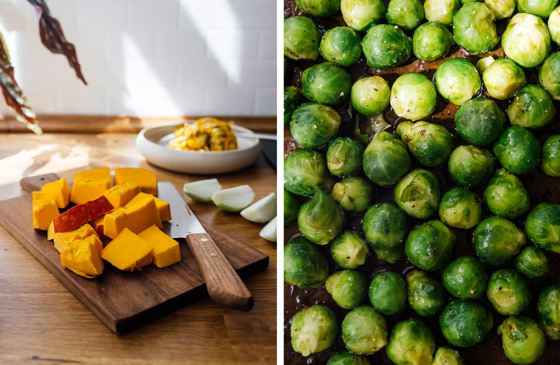 R568 Vegan Pumpkin Mac and Cheese with Baked Brussels Sprouts