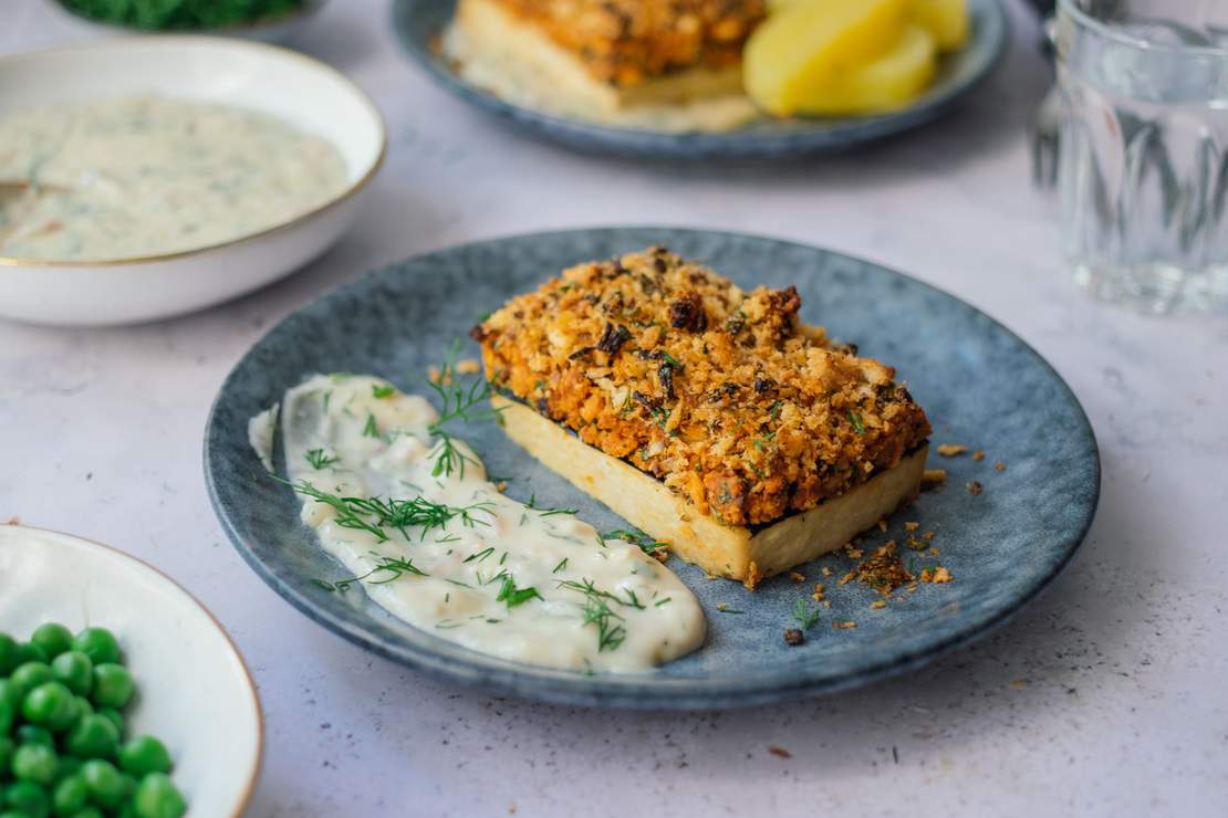 R574 Herb Crusted Tofu with Lemon Mustard Sauce, Boiled Potatoes, and Peas