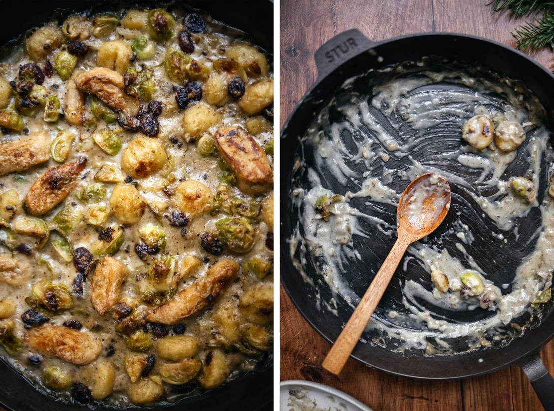 R804 Gnocchi-Pfanne mit Rosenkohl und veganen Filets