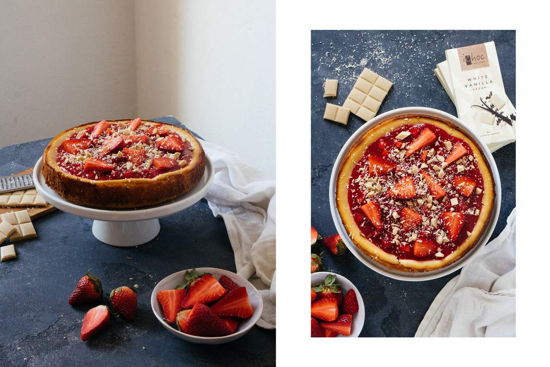 R378 Veganer New York Cheesecake mit Erdbeeren & weißer Schokolade