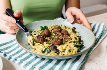 Creamy Orzotto with Vegan Meatballs & Spinach