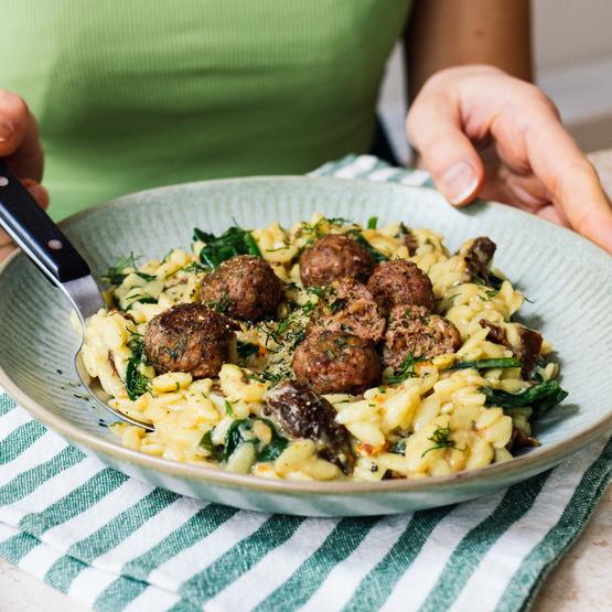 Creamy Orzotto with Vegan Meatballs & Spinach