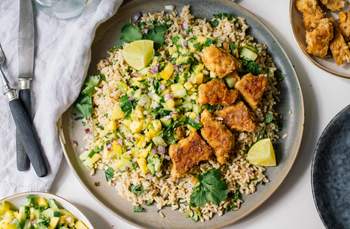 Lime Rice with Tempeh and Mango Avocado Salsa