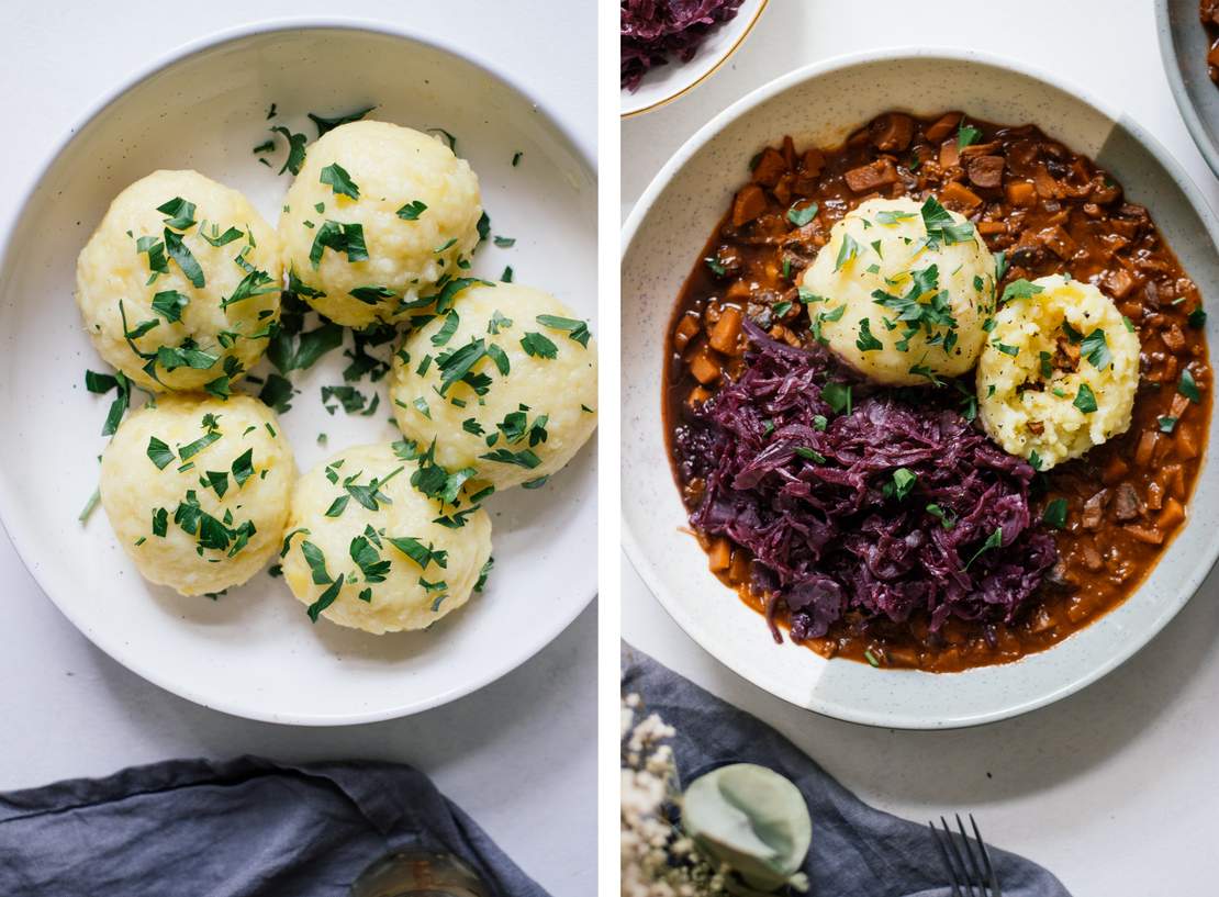 R450 Vegan Potato Dumplings with Mushroom Ragout and Red Cabbage