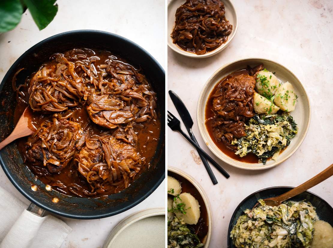 R687 Potato Dumplings with Fried Seitan and Onions in Gravy and Vegan Cream Savoy Cabbage