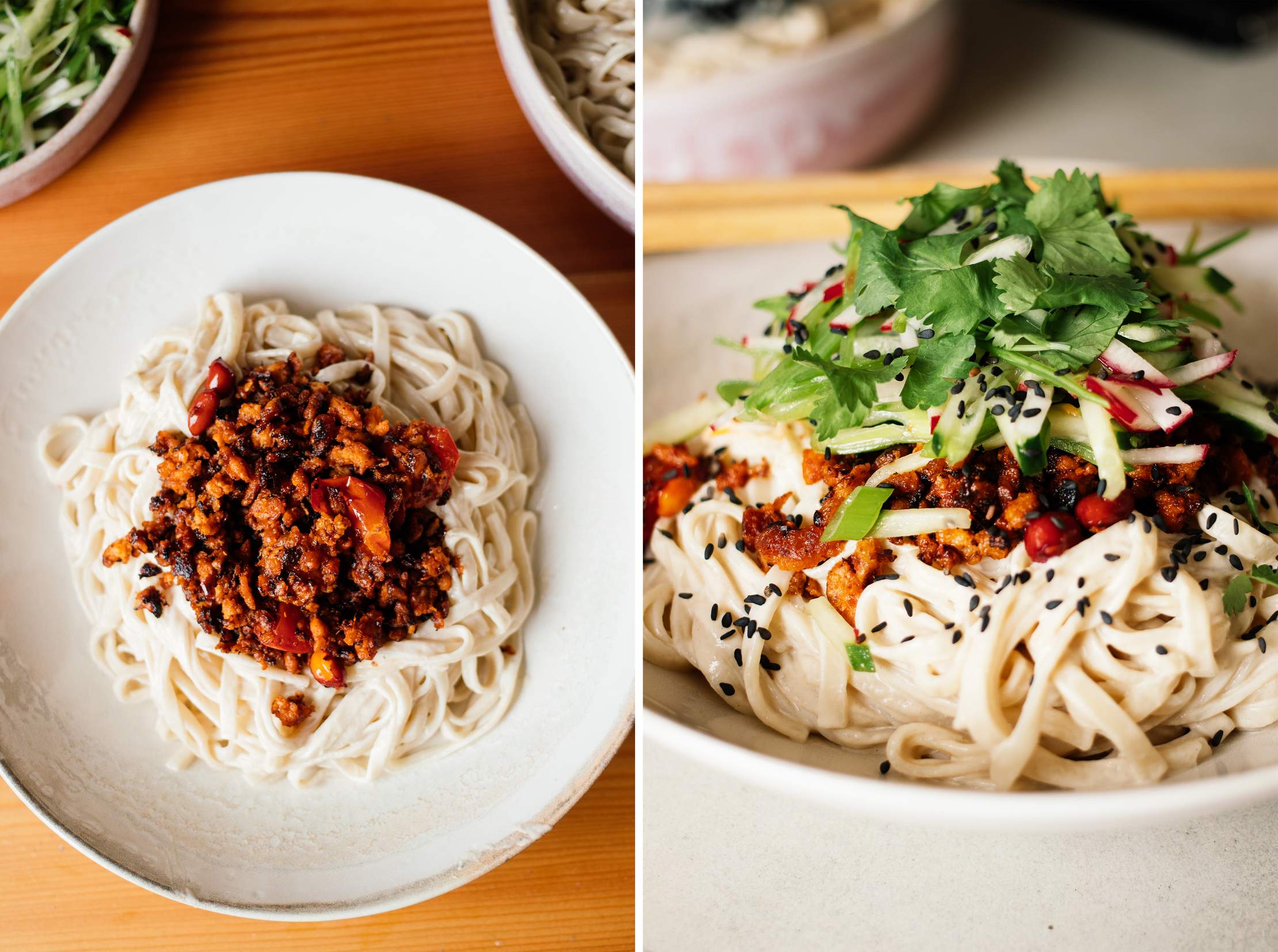 Kalte Udonnudeln in Sesamsoße mit Chili-Sojagranulat - Zucker&amp;Jagdwurst