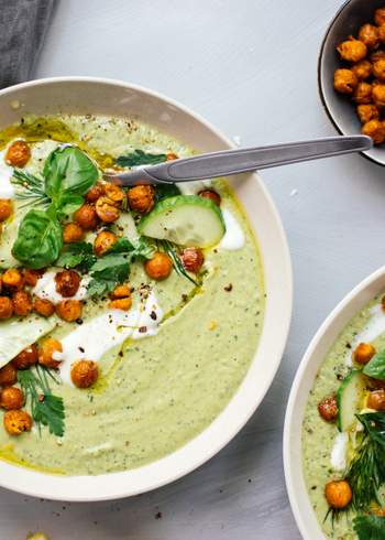Chilled Cucumber Avocado Soup with Roasted Chickpeas