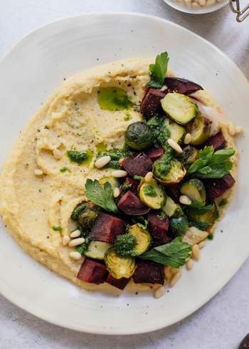 Creamy Polenta with Brussels Sprouts & Beetroot