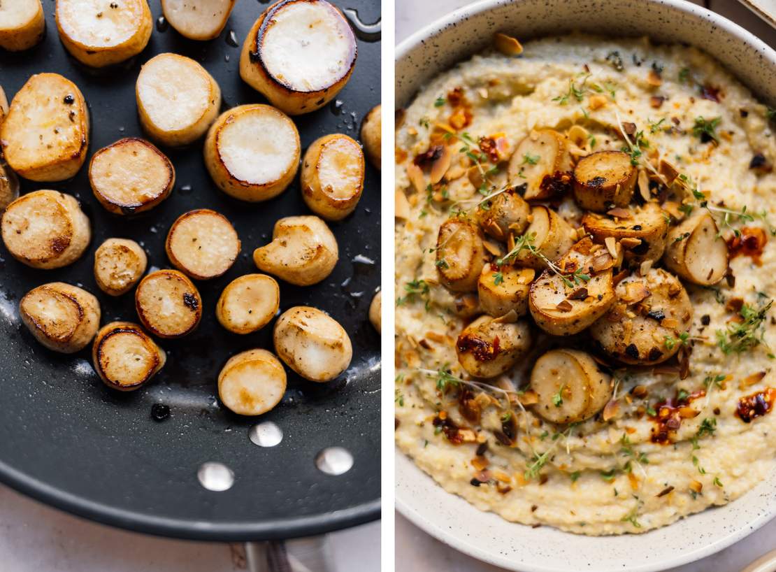 R710 Vegan Herb Polenta with Mushroom Scallops and Radicchio Salad