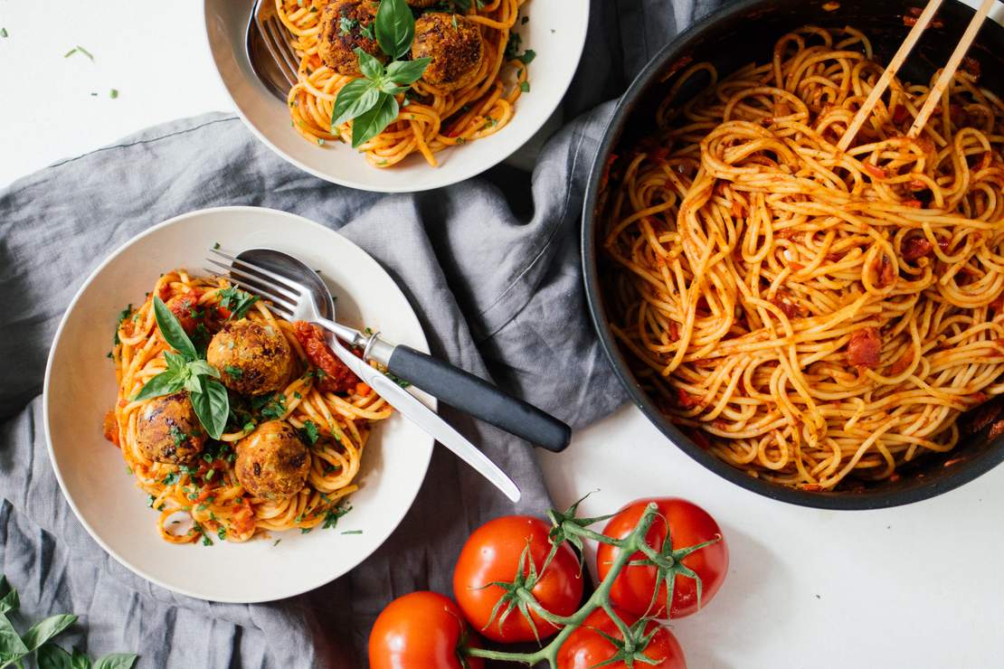 R133 Spaghetti Polpetto aka. vegane Fleischbällchen in Paprikasauce