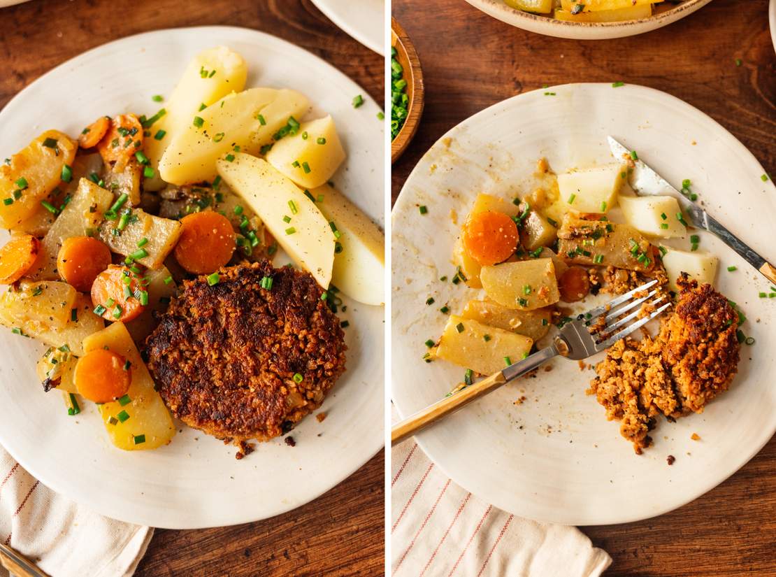 R904 Vegane Frikadellen mit Kartoffeln und Kohlrabi-Möhren-Gemüse wie bei Oma