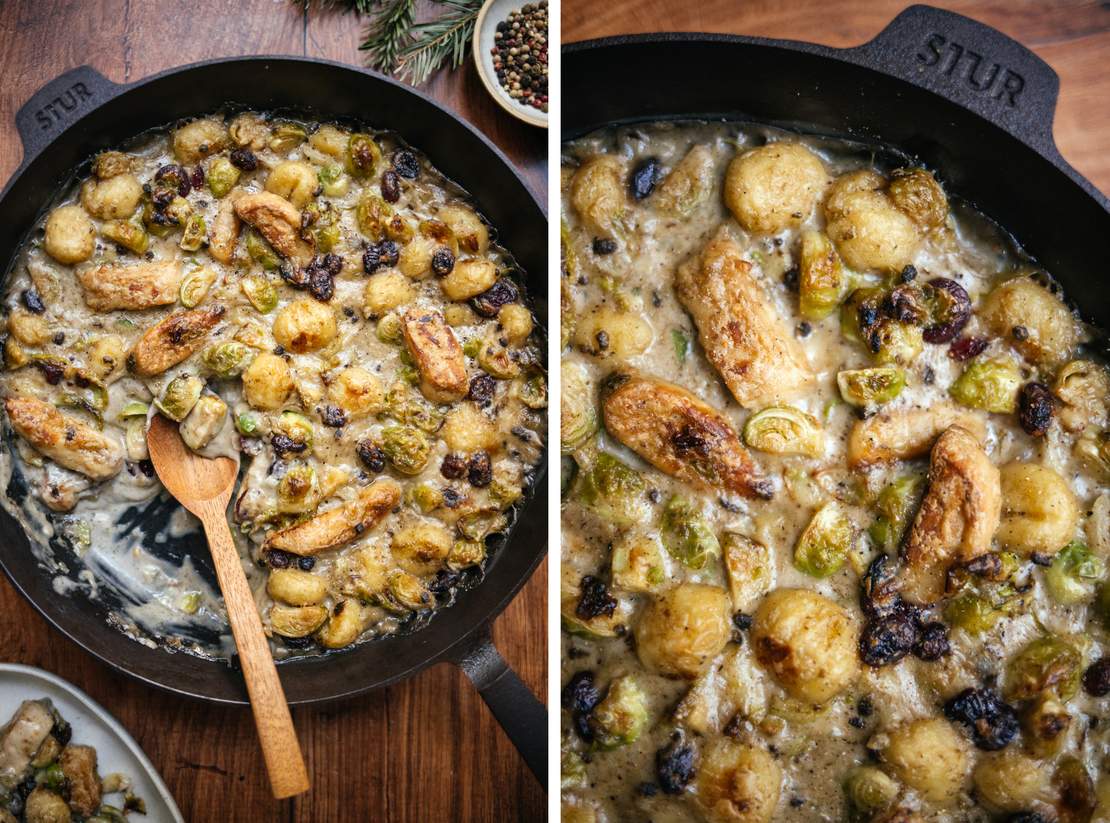 R804 Gnocchi-Pfanne mit Rosenkohl und veganen Filets