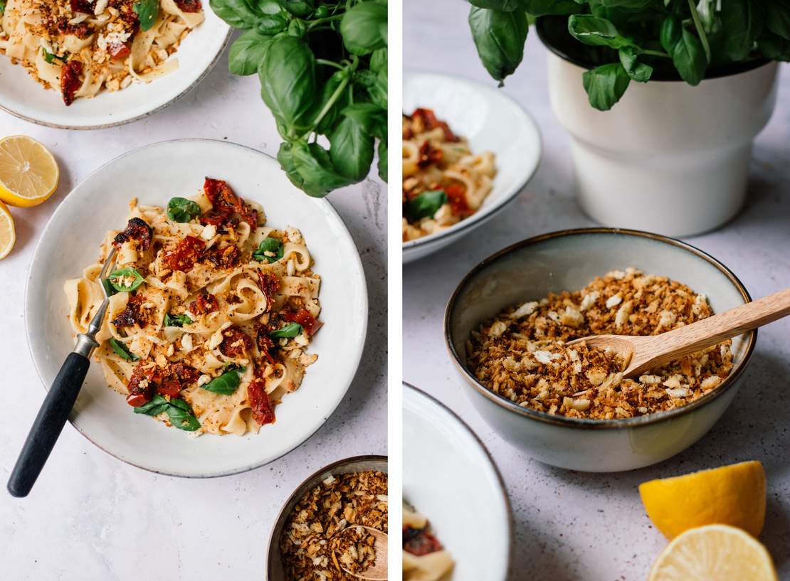 R605 Pasta mit cremiger Soße aus weißen Bohnen und knusprigem Panko-Topping