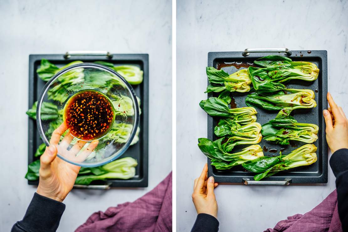 R705 Knusprige Tofustückchen mit Knoblauch-Reis und Pak Choi