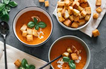 Oven-Roasted Tomato Soup with Crispy Herb Croutons