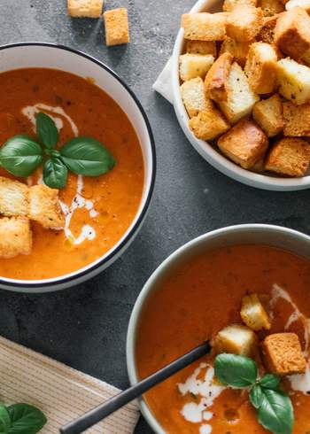 Oven-Roasted Tomato Soup with Crispy Herb Croutons