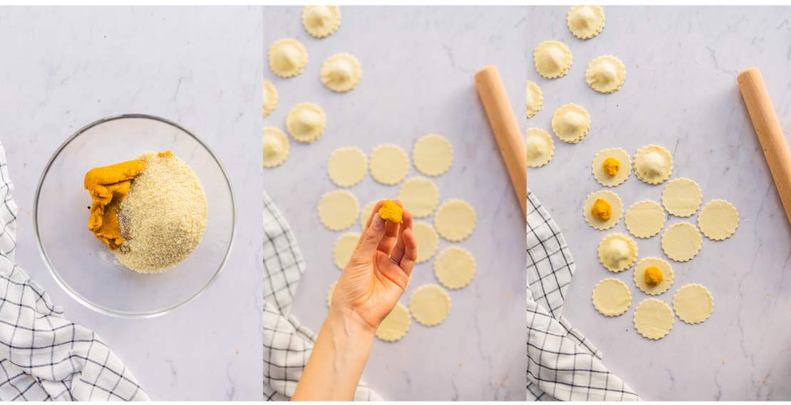 R82 Veganer Kürbis-Ravioli-Salat mit Trauben und Äpfeln