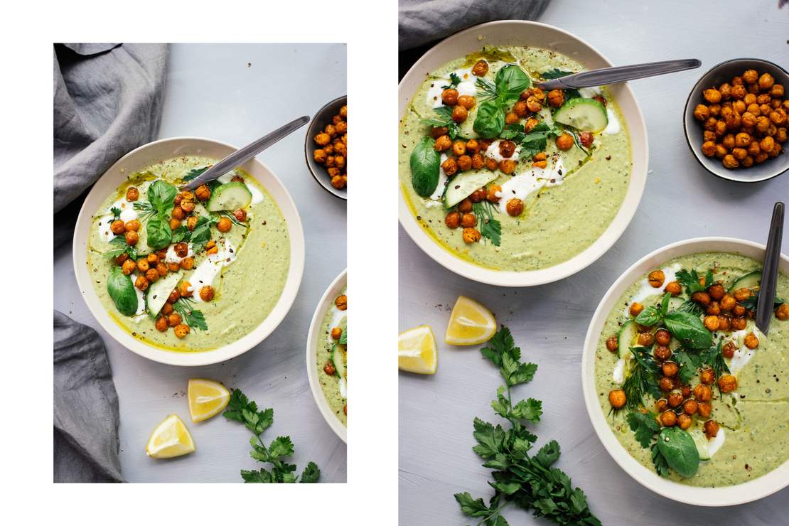 R70 Kalte Gurken-Avocado-Suppe mit gerösteten Kichererbsen