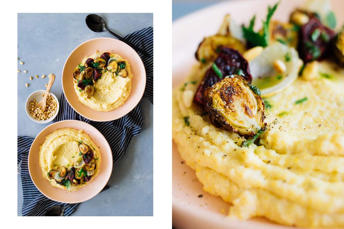 R495 Creamy Polenta with Brussels sprouts & beetroots