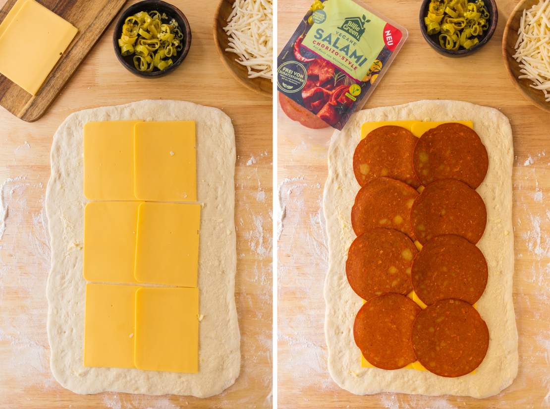 Gefüllte Pizzarolle mit veganer Salami &amp; Käse | Rezept - Zucker&amp;Jagdwurst