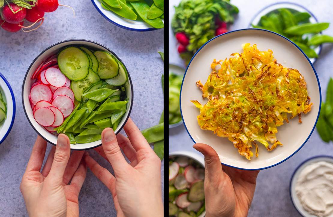 R972 Spitzkohl-Rösti mit Sour Cream und Radieschen-Gurken-Zuckerschoten-Salat