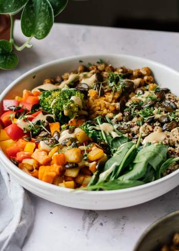 Veggie Bowl with Quinoa, Lentils, Sesame Dressing, and Crispy Chickpeas