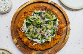 Sweet Potato Fritters with Cucumber Salad & Vegan Curd with Herbs