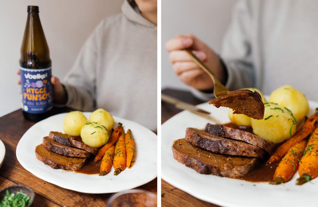 R829 Veganer Seitanbraten mit Bratensoße und weihnachtlichen Beilagen