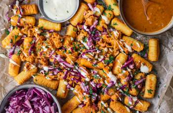 Loaded Tater Tots with Jackfruit, Red Cabbage Slaw, And Quick Vegan Gravy