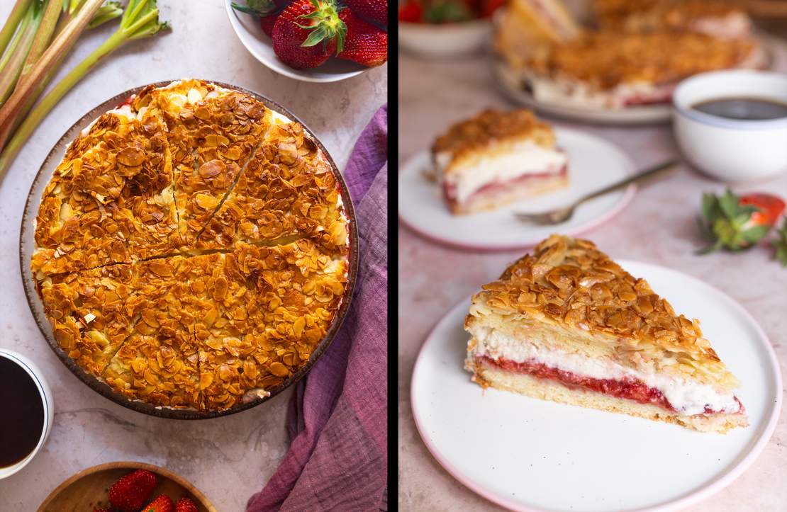 R965 - Bienenstich x Rhabarber - Veganer Bienenstich Käsekuchen mit Rhabarber und Erdbeerkompott
