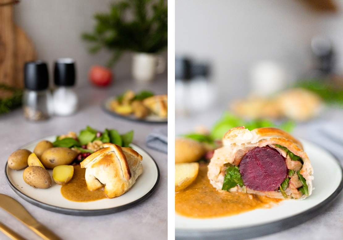 R785 Mini Beet Wellington mit veganer Bratensoße