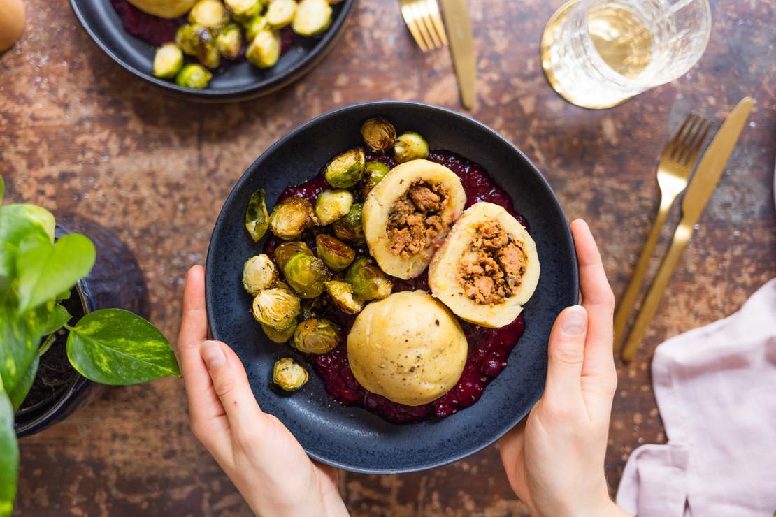 R692 Vegan Stuffed Dumplings with Brussels Sprouts and Cranberry Sauce