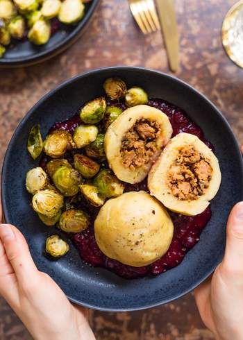 Vegan Stuffed Dumplings with Brussels Sprouts and Cranberry Sauce