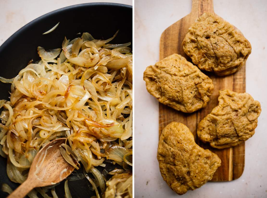 R687 Potato Dumplings with Fried Seitan and Onions in Gravy and Vegan Cream Savoy Cabbage