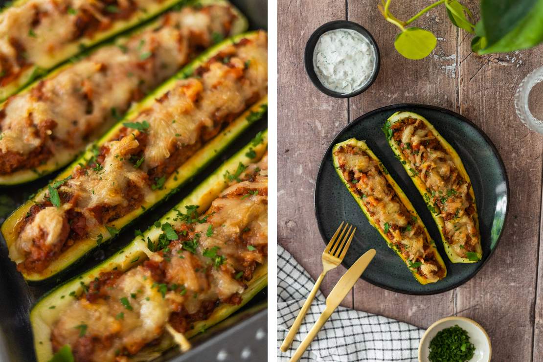 R394 Vegan „minced meat“ stuffed zucchini boats