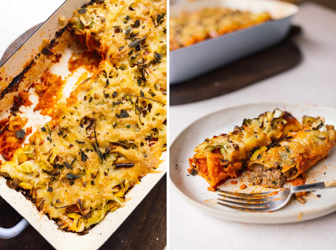 R882 Cannelloni mit veganer Hackfüllung und Käse-Lauch-Topping