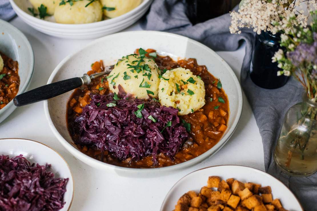 R450 Vegan Potato Dumplings with Mushroom Ragout and Red Cabbage