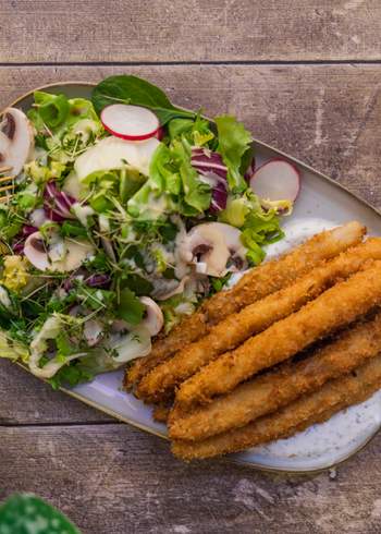 Fried Asparagus with Spring Salad and Sauce Hollandaise Dressing