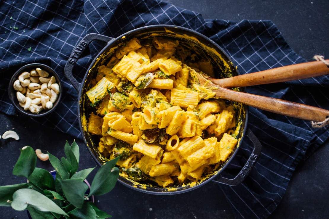 R568 Vegan Pumpkin Mac and Cheese with Roasted Brussels Sprouts