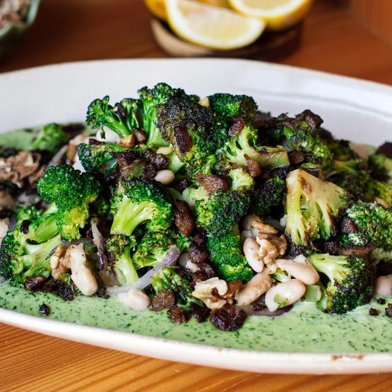 Roasted Broccoli Salad with Green Aioli Dressing
