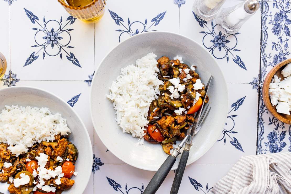 R920 Vegan Zucchini Beef Skillet with Rice & Feta