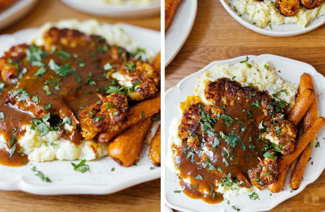 R461 Gebackener Blumenkohl mit Kartoffelbrei und veganer Bratensoße