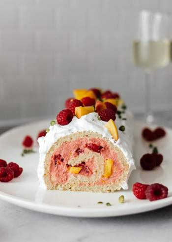 Vegan Raspberry and Peach Melba Swiss Roll