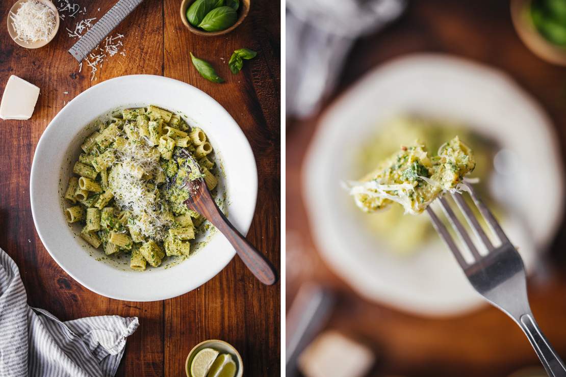 R242 Pasta in green basil-cashew-pesto