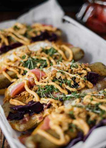 Bavarian Hot Dogs with Vegan “Obazda Cheese” Mayonnaise