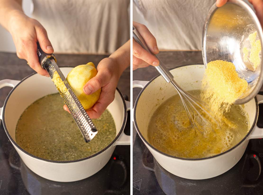 R966 Cremige Zitronen-Polenta mit grünem Spargel, Kräutern und vegane Butterbrösel