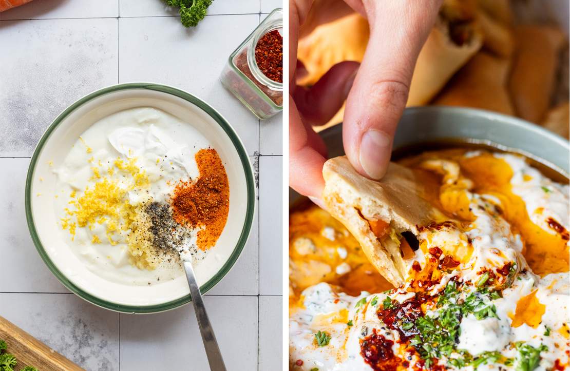 Baked pierogi with vegan mince filling and dip 