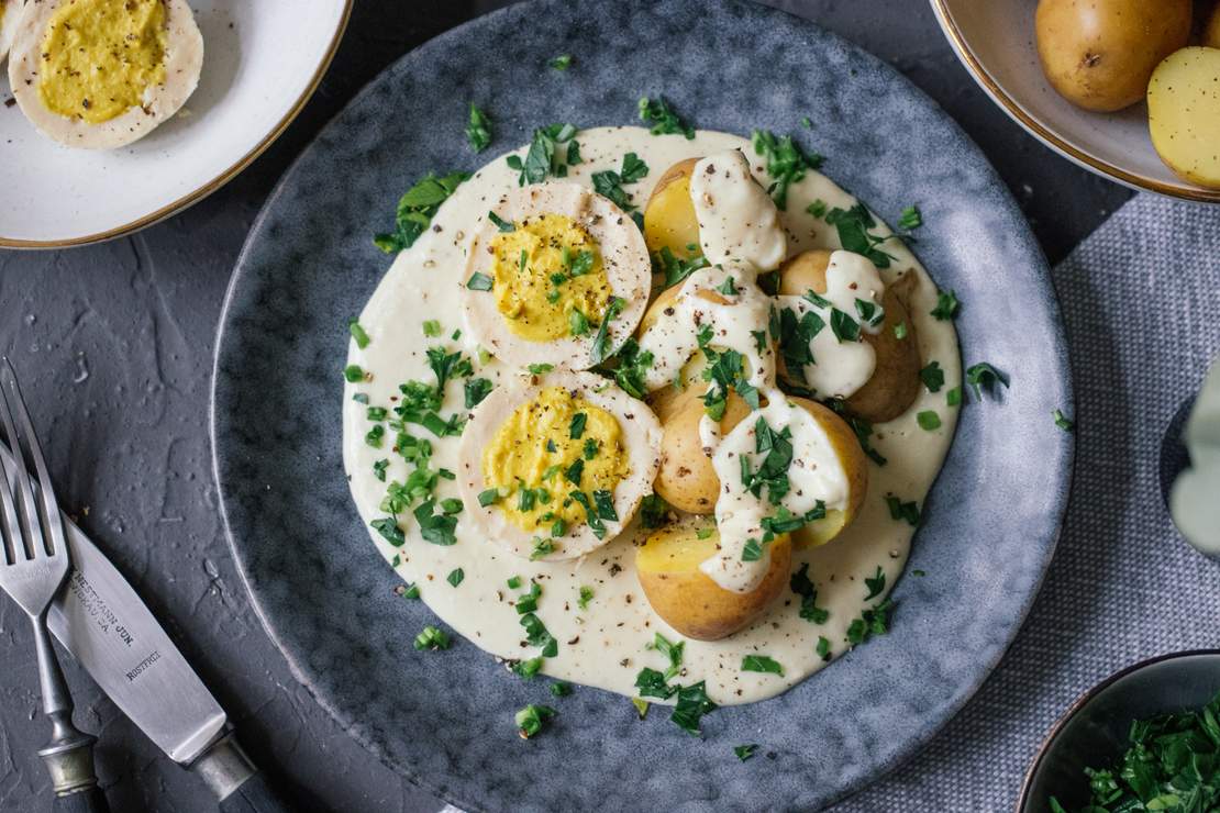 R441 Kartoffeln mit veganen Senfeiern